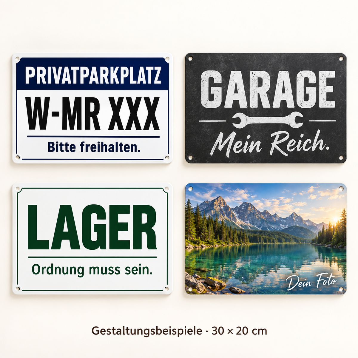 Vier Gestaltungsbeispiele – geliefert wird ein individuell bedrucktes Schild