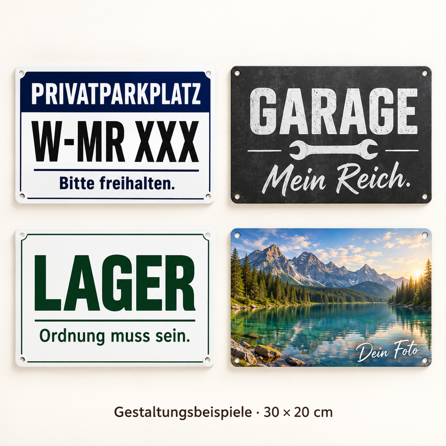 Vier Gestaltungsbeispiele – geliefert wird ein individuell bedrucktes Schild