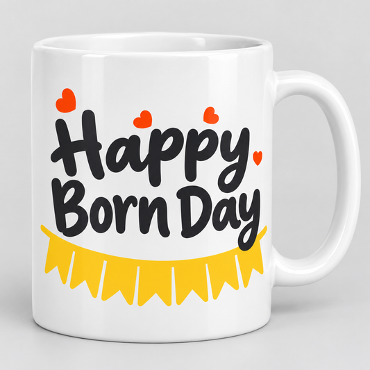 Keramiktasse – Happy Born Day – Produktvisualisierung