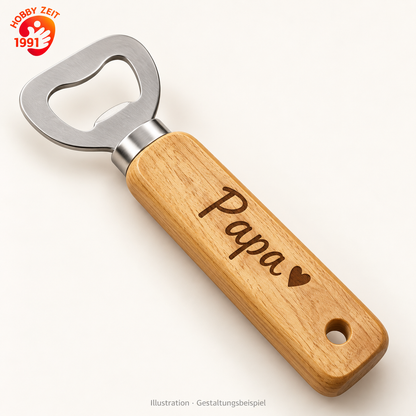 Flaschenöffner mit Holzgriff und Gravur – illustrative Produktdarstellung mit Beispielpersonalisierung