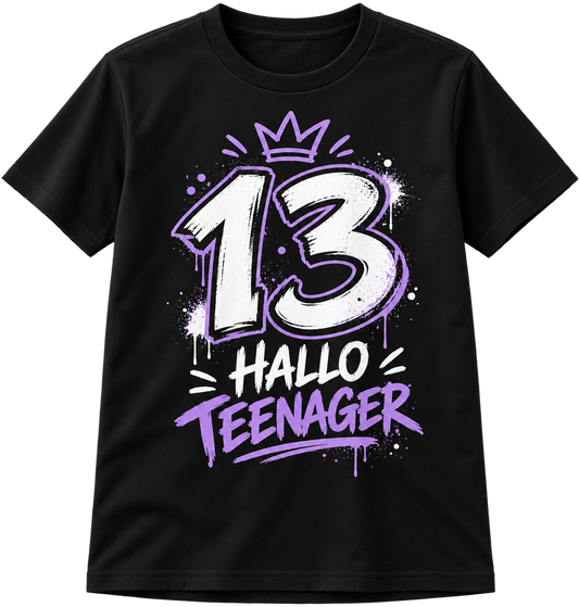 Geburtstags-T-Shirt 13 Jahre – HALLO TEENAGER – Schwarz