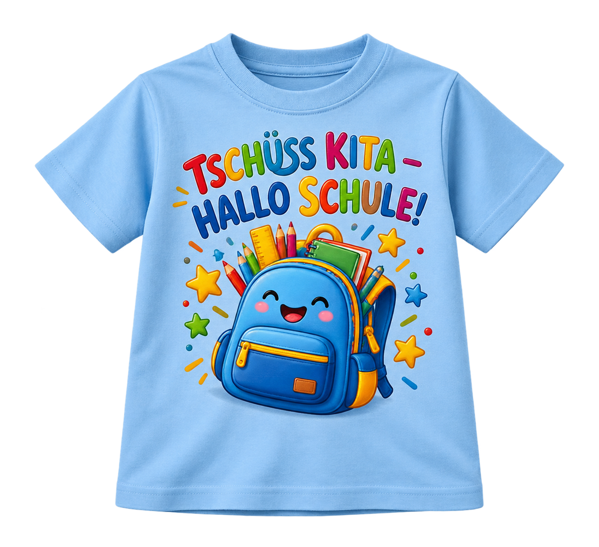 Einschulungs-T-Shirt – TSCHÜSS KITA – HALLO SCHULE! – Hellblau