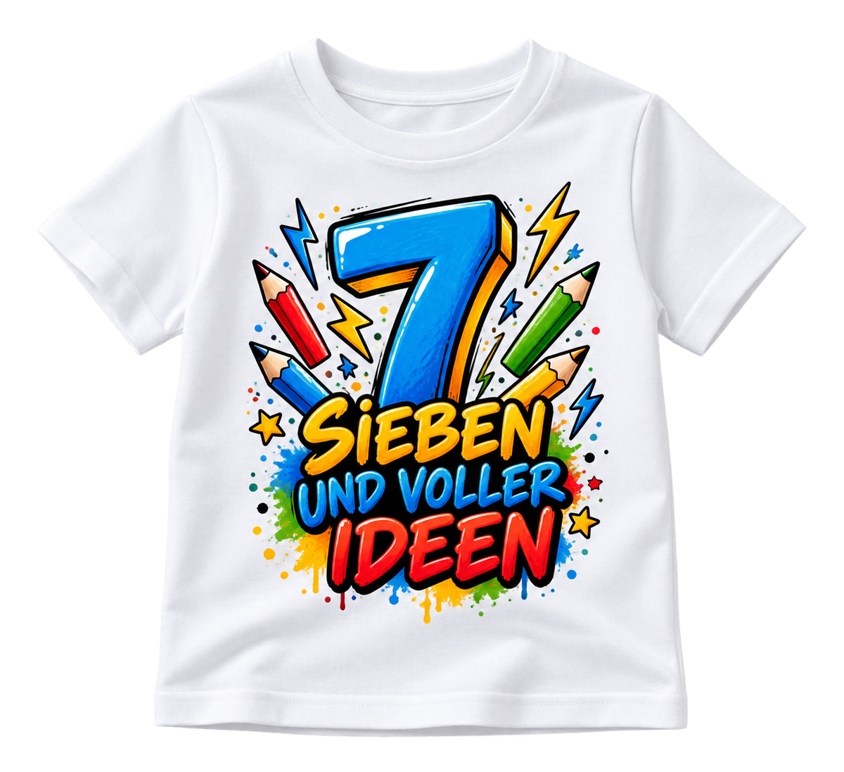 Geburtstags-T-Shirt 7 Jahre – SIEBEN UND VOLLER IDEEN – Weiß