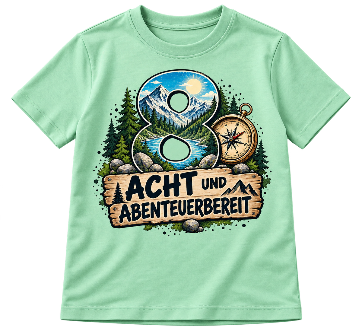 Geburtstags-T-Shirt 8 Jahre – ACHT UND ABENTEUERBEREIT – Grün