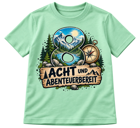 Geburtstags-T-Shirt 8 Jahre – ACHT UND ABENTEUERBEREIT – Grün