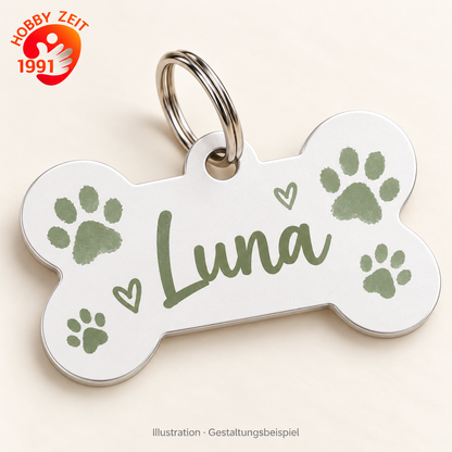 Hundemarke personalisieren – Knochenform – illustrative Produktdarstellung mit Beispielpersonalisierung