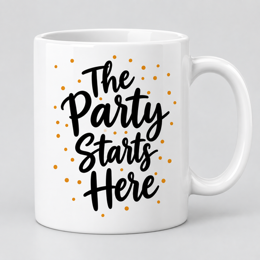Keramiktasse – The Party Starts Here – Produktvisualisierung