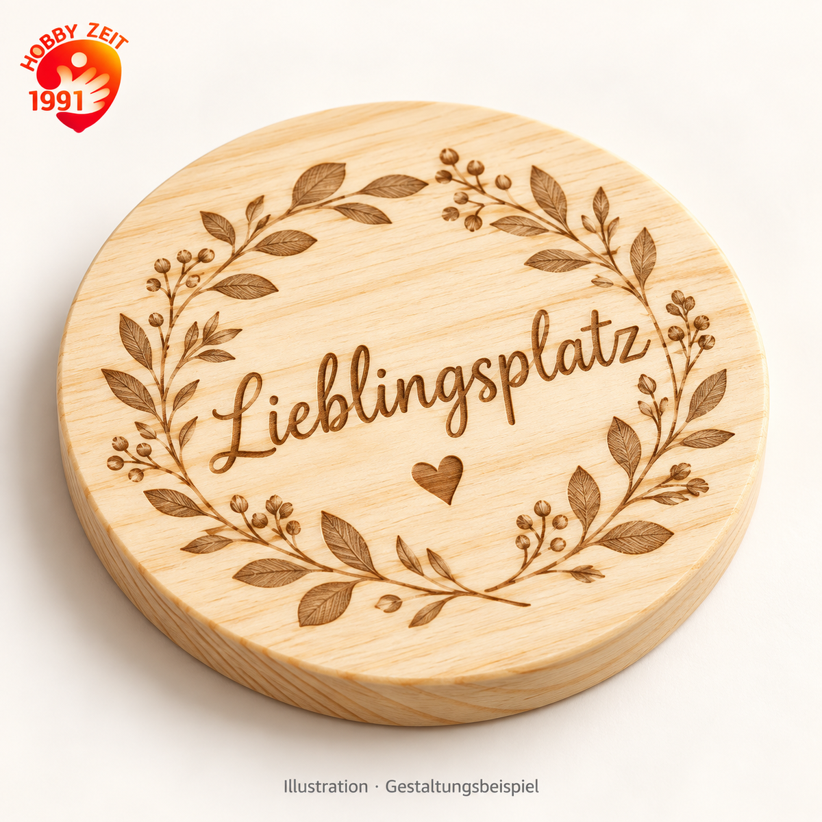 Runder Holz-Untersetzer mit Gravur – 10 cm – illustrative Produktdarstellung mit Beispielpersonalisierung