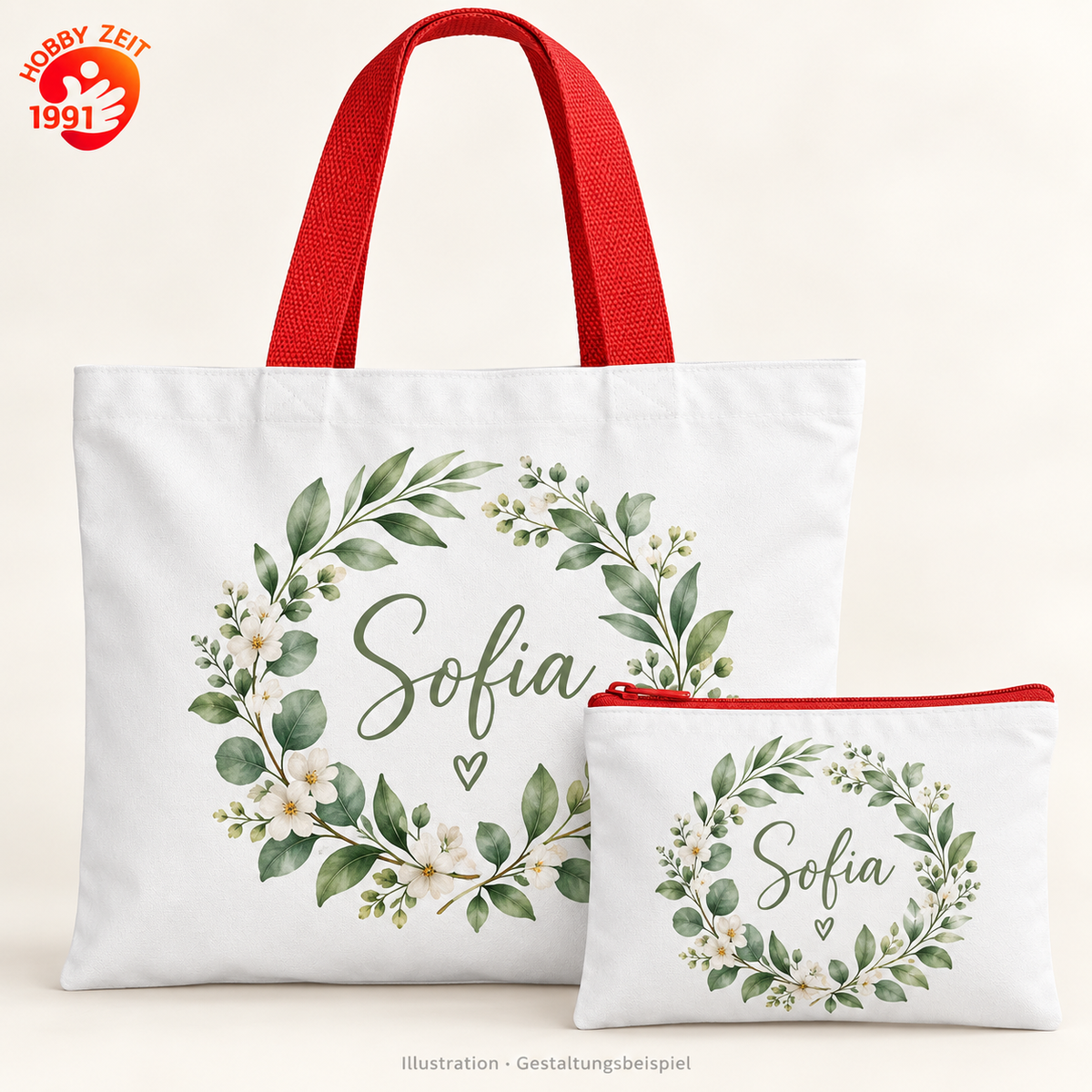 Taschenset personalisieren – farbige Henkel – illustrative Produktdarstellung mit Beispielpersonalisierung