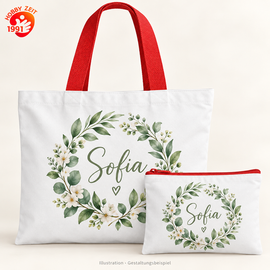 Taschenset personalisieren – farbige Henkel – illustrative Produktdarstellung mit Beispielpersonalisierung