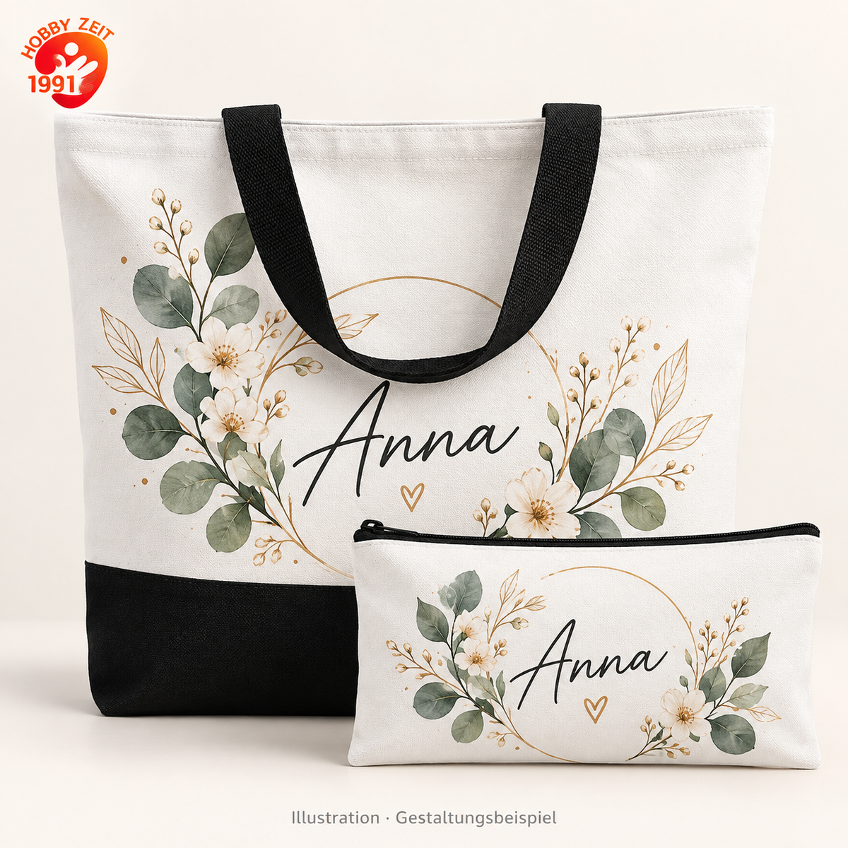 Taschenset personalisieren – Schwarz-Weiß – illustrative Produktdarstellung mit Beispielpersonalisierung