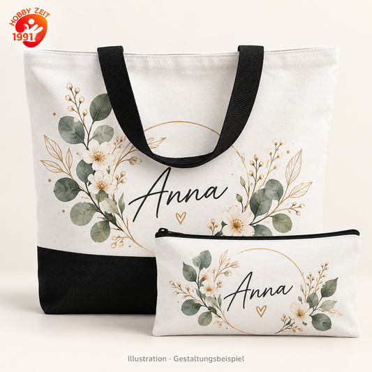 Taschenset personalisieren – Schwarz-Weiß – illustrative Produktdarstellung mit Beispielpersonalisierung