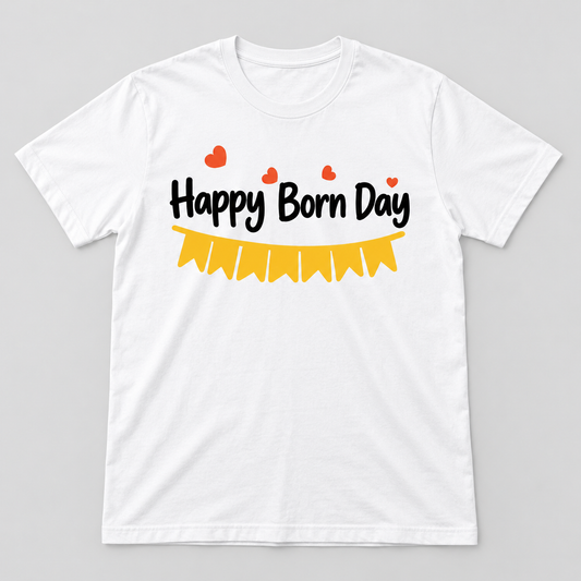Unisex-T-Shirt – Happy Born Day – Weiß – Produktvisualisierung